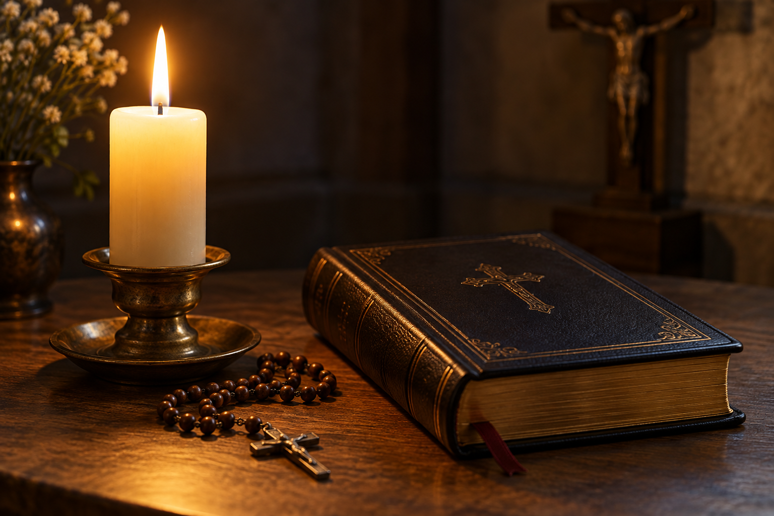 A candle beside a prayer book